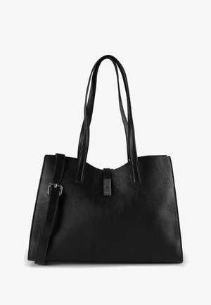 Črna ročno teksturirana usnjena torbica z dvema zgornjima ročajema, odstranljivim naramnim trakom in srebrno pravokotno zaponko.