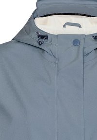 Niebiesko-szara peleryna przeciwdeszczowa z kapturem, regulowanymi ściagaczami na sznurki, zapięciem na zatrzaski i białym, wewnętrznym wykończeniem.