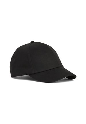 Cappellino da baseball nero con corona arrotondata, visiera curva e dettagli cuciti. Realizzato in un tessuto liscio con un design senza cuciture.