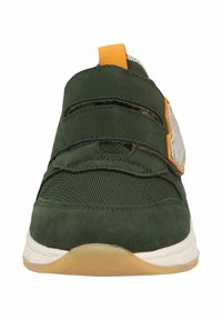 Dark green athletic shoe with suede and mesh materials, featuring two Velcro straps, an orange accent, and a white midsole.
