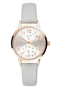 Runde Uhr mit silbernem Zifferblatt, das Sternmuster, roségoldene Akzente und ein hellgraues Lederarmband aufweist. Minimalistisches Design mit gut lesbaren Ziffern.
