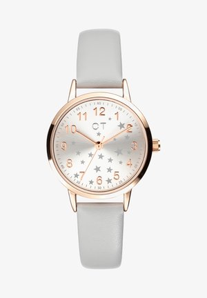 Runde Uhr mit silbernem Zifferblatt, das Sternmuster, roségoldene Akzente und ein hellgraues Lederarmband aufweist. Minimalistisches Design mit gut lesbaren Ziffern.