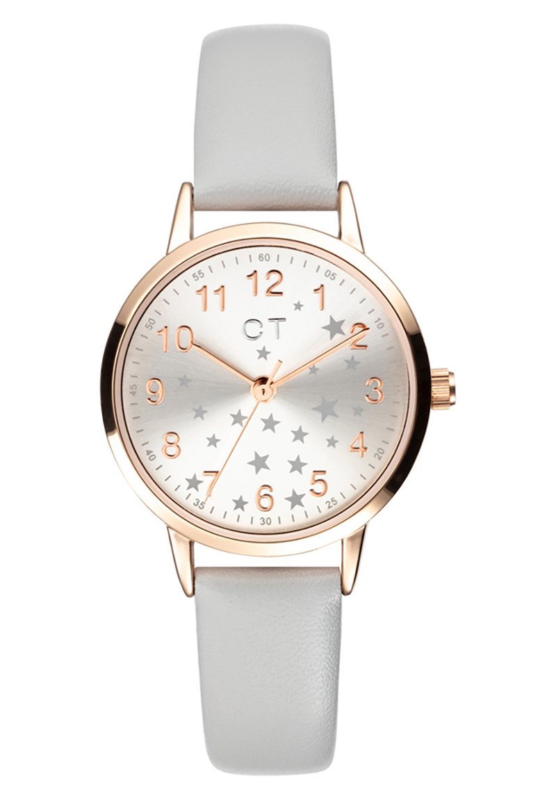 Runde Uhr mit silbernem Zifferblatt, das Sternmuster, roségoldene Akzente und ein hellgraues Lederarmband aufweist. Minimalistisches Design mit gut lesbaren Ziffern.