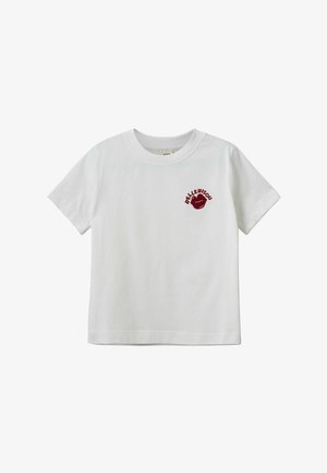 Fehér rövid ujjú pamut póló bordó színű hímzett szájat ábrázoló grafikával, felette a "BE LLEBISOU" felirattal.