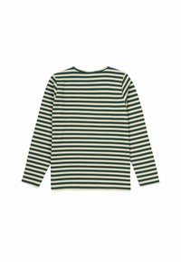 Långärmad ribbad topp med horisontella gröna och krämfärgade ränder, rund halsringning och en avslappnad passform. Strukturerad tyg med mjuk finish.