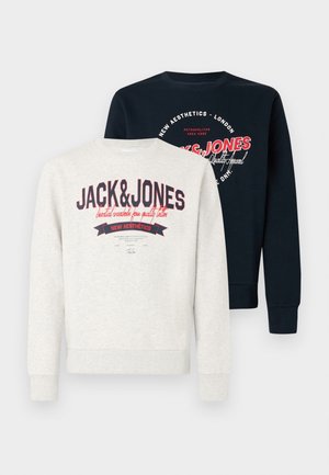 Két kerek nyakú pulóver, egyik világosszürke "JACK & JONES" felirattal, a másik fekete, kör alakú "New Aesthetics - London" logóval.