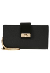 Black textured wallet with a gold metal clasp and chain strap. Features a smooth black leather flap and signature branding on the clasp.