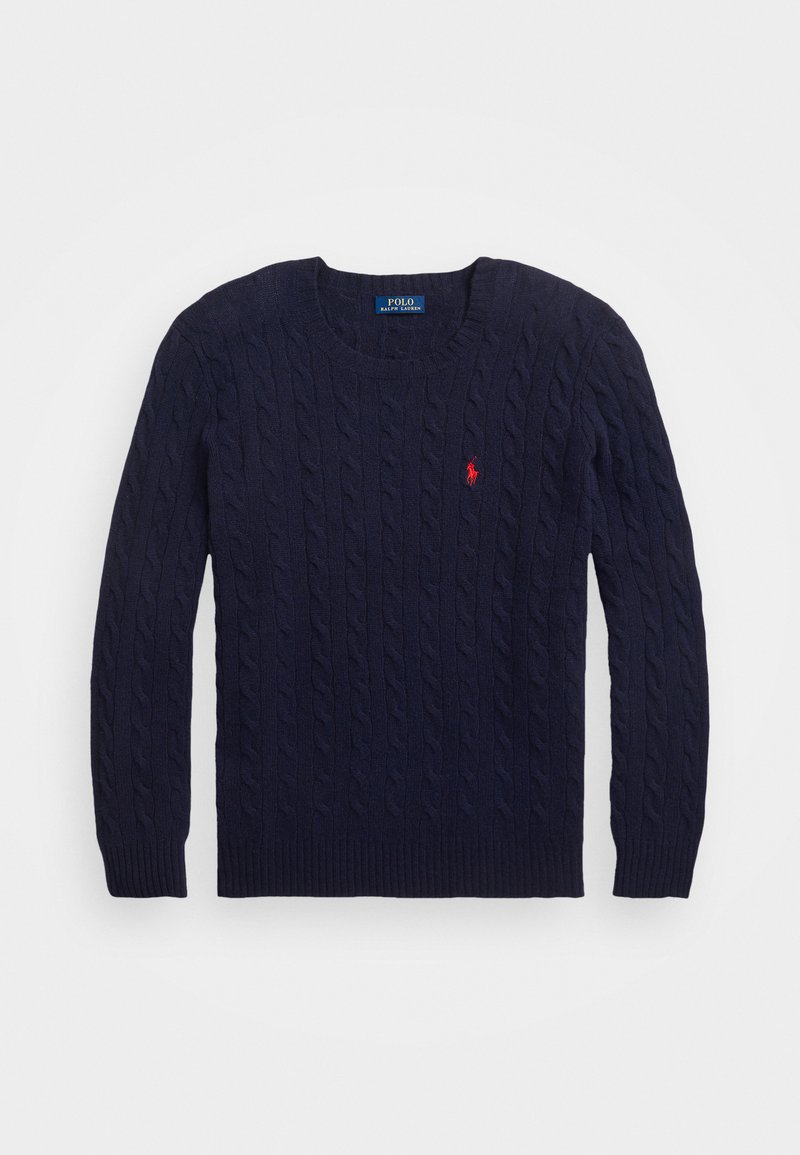 Marineblauer Zopfmuster-Pullover mit rundem Halsausschnitt und langen Ärmeln. Besitzt ein kleines rotes Logo auf der Brust. Hergestellt aus weichem Material.