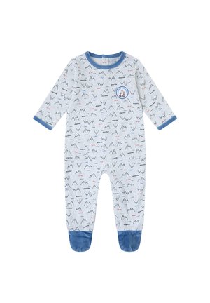 Pelele para bebé en azul y gris de tejido suave, con un estampado de montañas y detalles azules en los pies. Mangas largas con un cuello azul.