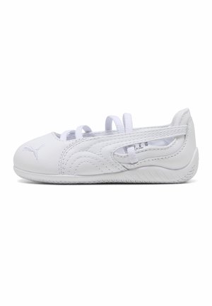 Biały but sportowy z cienką podeszwą, bocznymi wycięciami, białymi sznurówkami, logo Puma na nosku oraz widocznymi detalami przeszyć, przedstawiony z profilu.