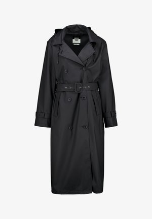 Trench-coat noir, réalisé en matière lisse et imperméable. Comprend une taille ceinturée, des boutons croisés et une capuche. Manches longues.