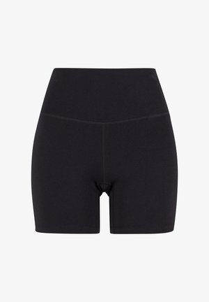 Fekete, magas derekú, rugalmas anyagból készült rövidnadrág. Jellemzője egy rugalmas derékpánt, sima felület és középmagas hossz, varrás nélküli kivitelben.