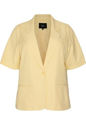 Yellow short-sleeve blazer with notch lapels, single button closure, and three welt pockets, size 46 by brand Zizzi.