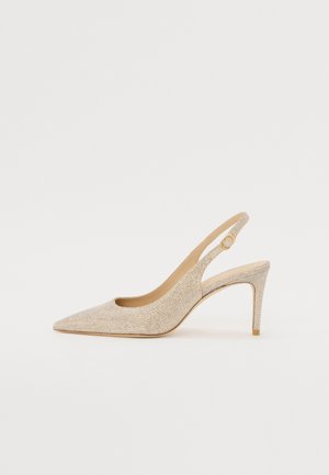 Pointed-toe slingback shoe in metallic gold fabric with subtle texture, featuring a slim heel and a round closure at the ankle.
