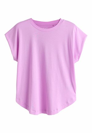 Short-sleeve, loose-fitting t-shirt in light pink fabric. Round neckline, soft texture, and curved hem. No visible patterns or embellishments.