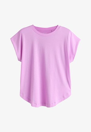 Short-sleeve, loose-fitting t-shirt in light pink fabric. Round neckline, soft texture, and curved hem. No visible patterns or embellishments.