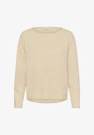 Krémový top s dlhým rukávom z hladkej, ľahkej látky. Má široký výstrih, spustené ramená a mierne zakrivený lem.