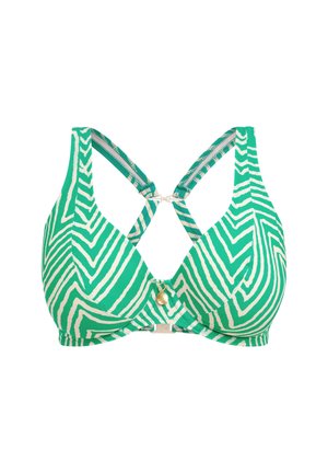 Grüner und weißer gestreifter Bikini-Oberteil mit V-Ausschnitt, verstellbaren, über Kreuz verlaufenden Trägern und einem goldenen Akzentdetail in der Mitte vorne.