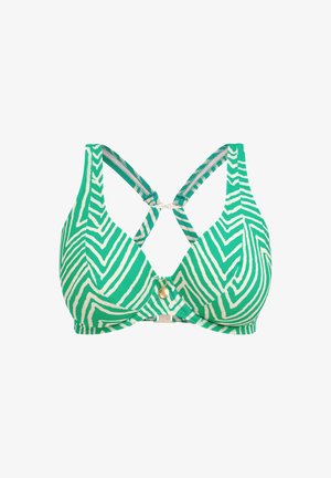 Groen en witte gestreepte bikini top met een V-hals, verstelbare crisscross schouderbanden en een gouden accentdetail aan de voorkant.