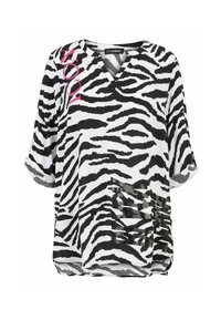 Schwarz-weiß gestreiftes Zebra-Muster-Shirt mit V-Ausschnitt, kurzen Ärmeln und pinkem Schriftzug. Leichter Stoff mit lockerer Passform.