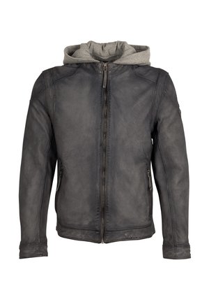 Veste en cuir noir avec une capuche grise. Elle dispose d'une fermeture éclair, de poches latérales et d'une finition lisse, légèrement texturée.