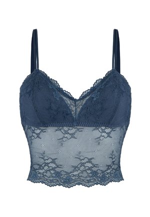 Navyblauwe kant bralette met verstelbare bandjes, voorzien van bloemenkant accenten en doorzichtig gaas bij de taille. Lichtgewicht, aansluitend ontwerp.