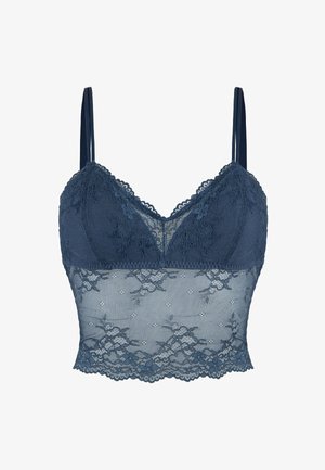 Navyblauwe kant bralette met verstelbare bandjes, voorzien van bloemenkant accenten en doorzichtig gaas bij de taille. Lichtgewicht, aansluitend ontwerp.