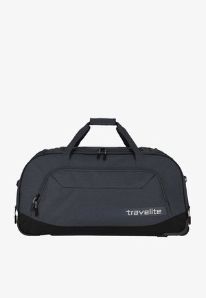 Borsa da viaggio grigio scuro con finitura texturizzata, dettagli neri, scomparti con zip e doppie maniglie per il trasporto. Presenta il marchio "travelite".