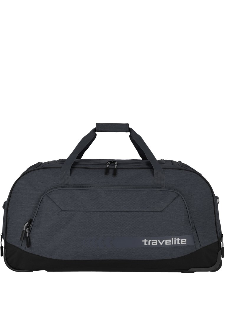 Bolso de lona oscuro con un acabado texturizado, detalles en negro, compartimentos con cremallera y asas dobles para llevar. Presenta la marca "travelite".