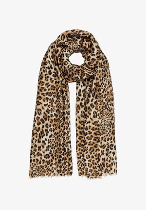 Leopard print scarf featuring shades of tan and black, made of soft fabric with fringed edges, designed in a long, rectangular shape.