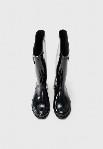 Black rubber rain boots with a glossy finish, knee-high design, and textured interior; features a small gold-tone hardware detail.