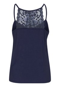 Top in un delicato tessuto navy con spalline a spaghetti, caratterizzato da un retro in pizzo testurizzato con motivi geometrici e bordi ondulati. Tessuto morbido con una finitura liscia.