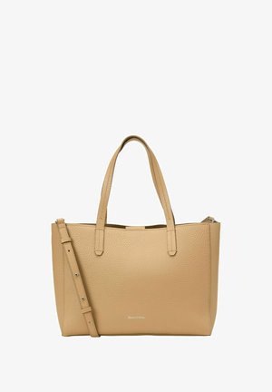 Borsa tote in pelle beige con texture, dotata di doppi manici, tracolla regolabile e logo del brand discreto al centro frontale.