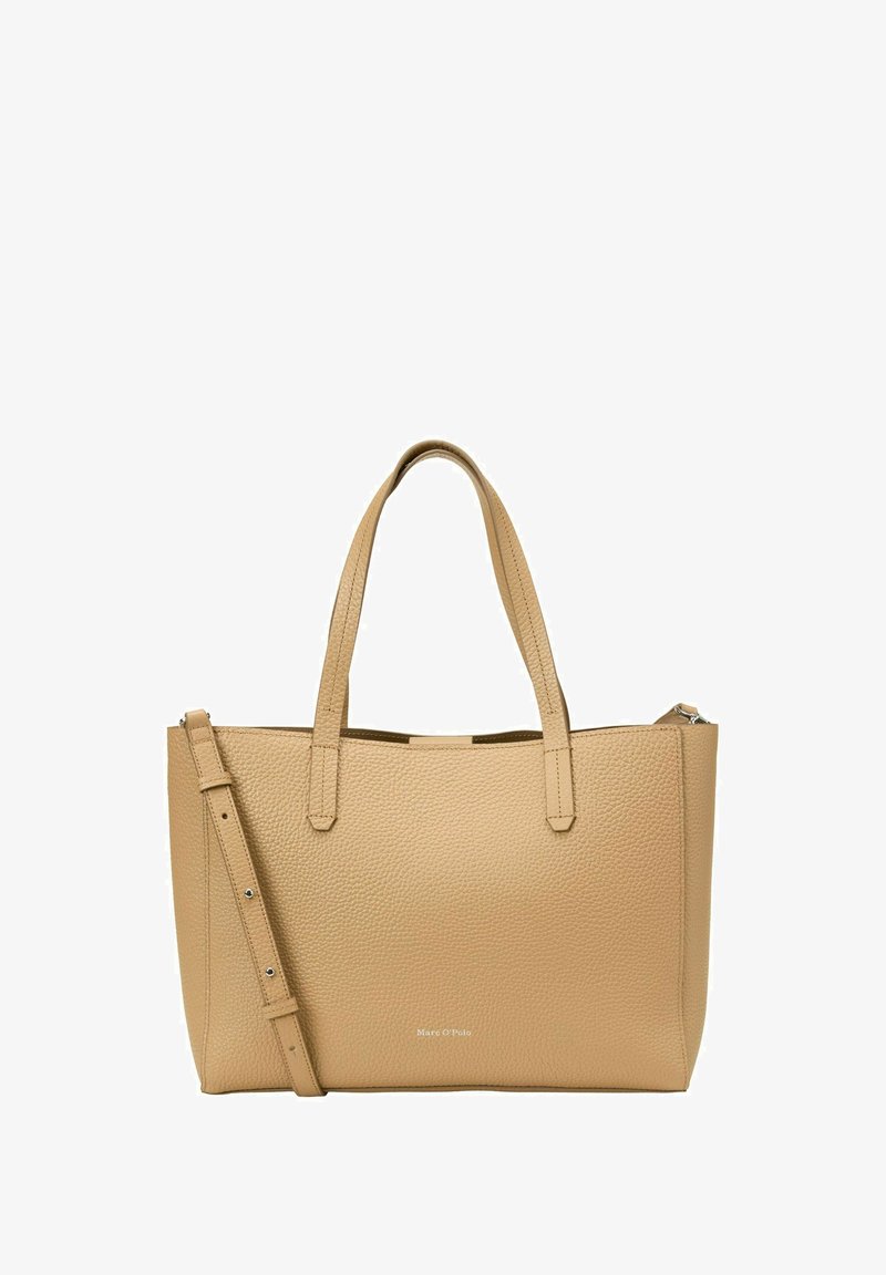 Beżowa torebka tote z teksturowanej skóry, z podwójnymi uchwytami, regulowanym paskiem na ramię i subtelnym logo marki na środku przodu.