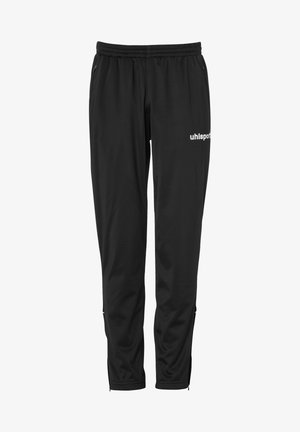 Sorte atletikbukser med elastisk talje, sidelommer og "uhlsport"-logo på højre lår, designet til sport eller afslappet brug.
