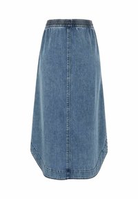 Denim krilo s srednjo dolgim dizajnom, svetlo modre barve, elastičnim pasom in ravnim robom z diskretnimi šivnimi detajli.