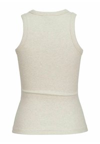 Lys beige ribbet tanktopp laget av bomull, med en tettsittende design, rund halsutringning og brede skulderstropper. Bilde av bakre utsikt.