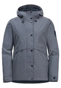 Grijze waterdichte jacket met een capuchon, knoopsluitingen en een gladde textuur. Inclusief accenten met een logo op de mouw.