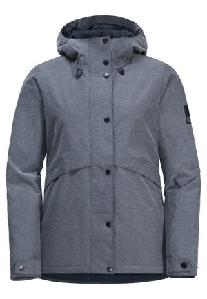 Giacca impermeabile grigia con cappuccio, chiusure a bottone e texture liscia. Include dettagli con un logo sulla manica.
