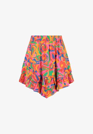 Barevné, vzorované šortky s elastickým pasem a volánkovým lemem. Hlavní barvy zahrnují oranžovou, růžovou, zelenou a modrou.