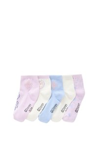 Sechs Paar Knöchelsocken: zwei helllila, eine blaue, zwei weiße, mit verschiedenen winterlichen Mustern, aus weicher Baumwollqualität.