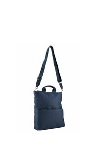Borsa a tracolla in tessuto blu navy con tracolla removibile, due manici, una tasca frontale e una superficie liscia e testurizzata.