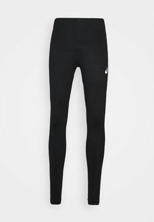 Schwarze sportliche Leggings aus dehnbarem Stoff. Verfügt über ein eng anliegendes Design und ein kleines weißes Logo. Glatte Textur ohne Muster.
