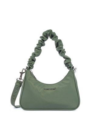 Small sage green handbag with ruched top handle, silver zipper, and detachable shoulder strap with metal clasps.
