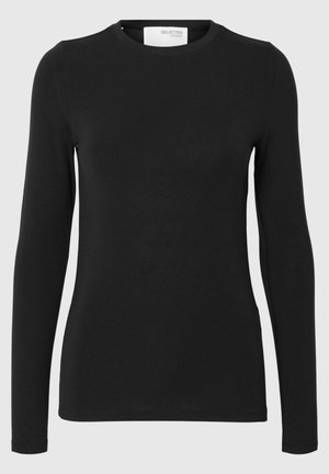 Črna dolga majica s prilagojenim krojem in okroglim izrezom z oznako "SELECTED FEMME" znotraj ovratnika.