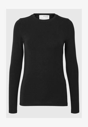 Musta pikade varrukatega slim-fit ümberkaelusega särk, mille kaeluses on silt "SELECTED FEMME".