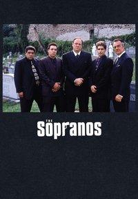 Un gruppo di cinque uomini in abiti scuri in piedi all'aperto. Sullo sfondo si vede un cimitero con lapidi. Il testo in basso dice "I Soprano".