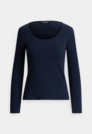 Navy long-sleeve top made of ribbed fabric with a scoop neckline and a fitted silhouette. Features a small logo detail at the bottom.