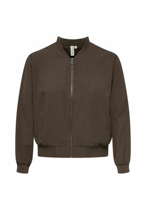 Braune Bomberjacke mit Frontreißverschluss, geripptem Kragen, Bündchen und Saum sowie Seitentaschen, auf einfarbigem Hintergrund präsentiert.