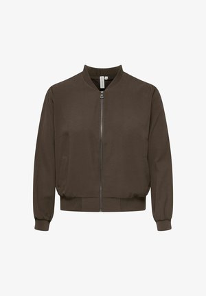 Braune Bomberjacke mit Frontreißverschluss, geripptem Kragen, Bündchen und Saum sowie Seitentaschen, auf einfarbigem Hintergrund präsentiert.